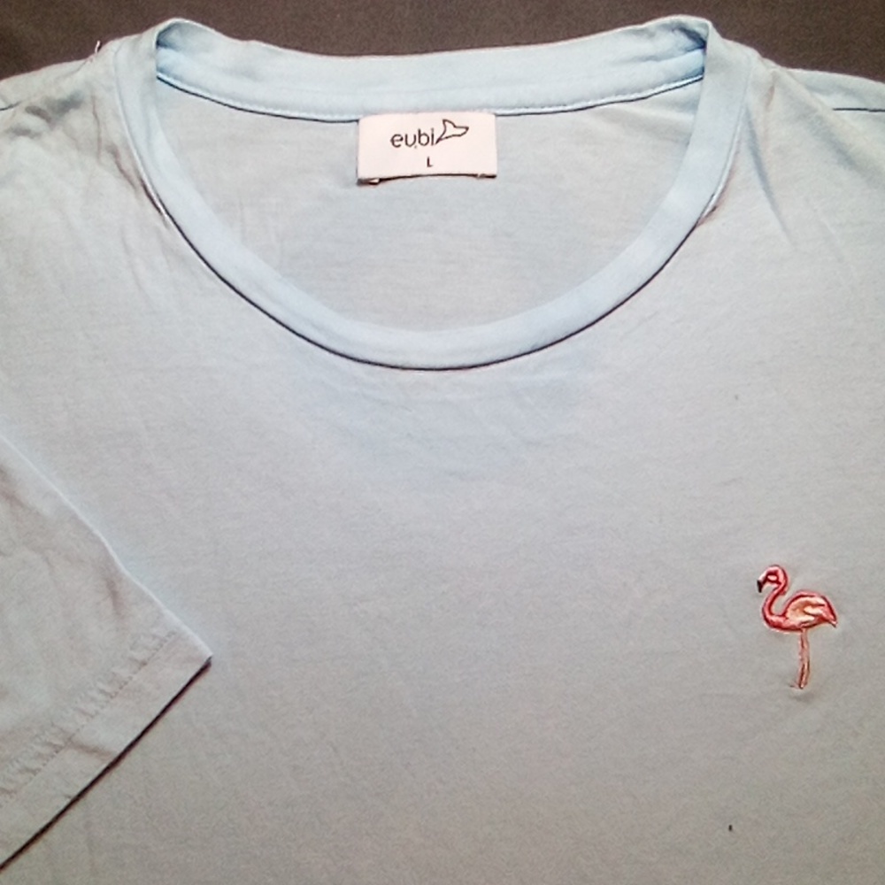 Eubi, Size Large, Aqua colored w/embroidered Flamingo, Short Sleeve T-shirt